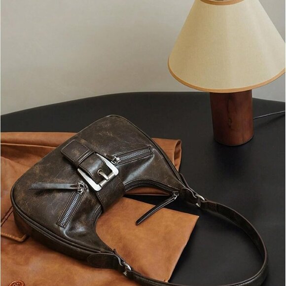 Women's PU Leather Shoulder Bag Zipper Underarm Multi-Pocket Vintage Crossbody - Picture 4 of 7